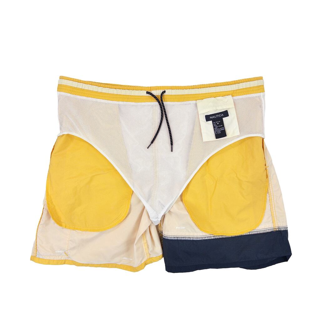 Nautica Swim Trunks Mens M Yellow Navy Colorblock VTG Y2K Board Shorts Lined - Picture 8 of 12